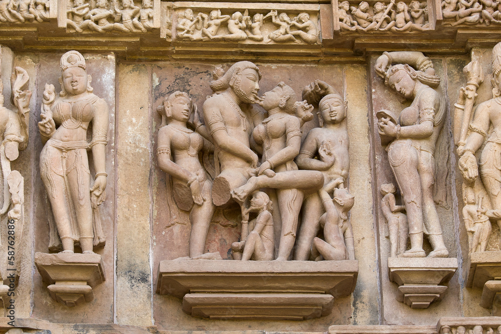 Fragment of the famous erotic temple in Khajuraho, India.