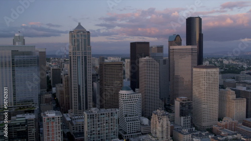 Aerial view sunset  Columbia Centre Smith Tower, Seattle, USA,  photo