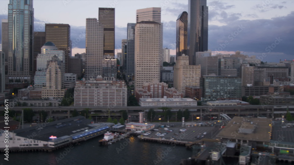 Aerial dusk view Alaskan Way Viaduct, Seattle coastal ferry, USA Aerial dusk view Alaskan Way Viaduct, Seattle coastal ferry, USA