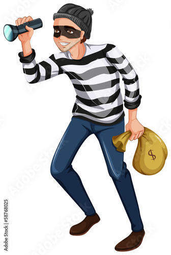 A robber with a flashlight and a bag