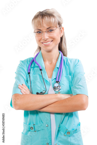 beautiful female doctor with crossed arms isolated