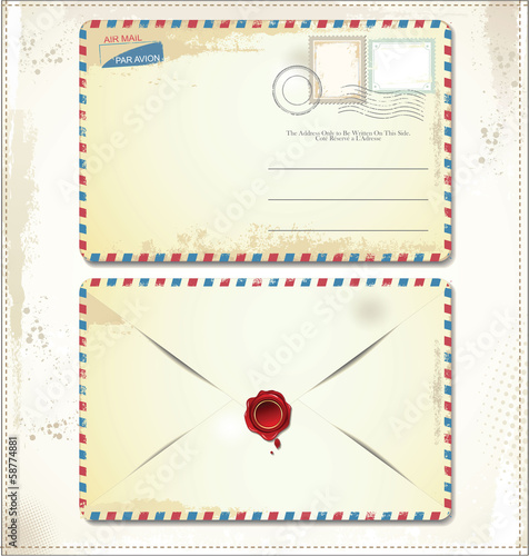 Old postage envelope with stamps and wax seal