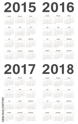 European 2015, 2016, 2017, 2018 year vector calendars