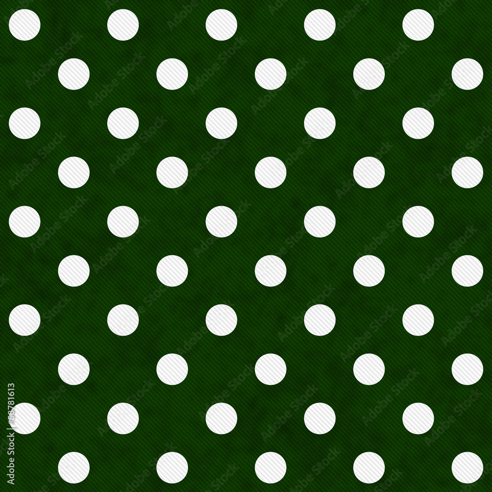White Polka Dots on Green Textured Fabric Background