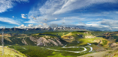 Bild auf Leinwand Mountain landscape with river and snowy peaks