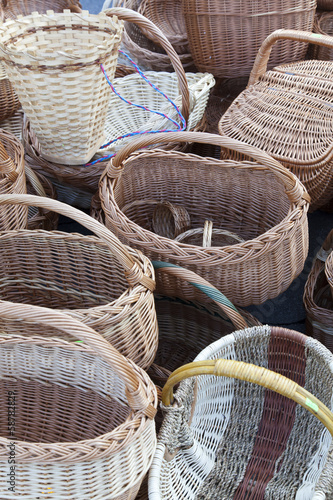 Handmade traditional straw wicker baskets on market