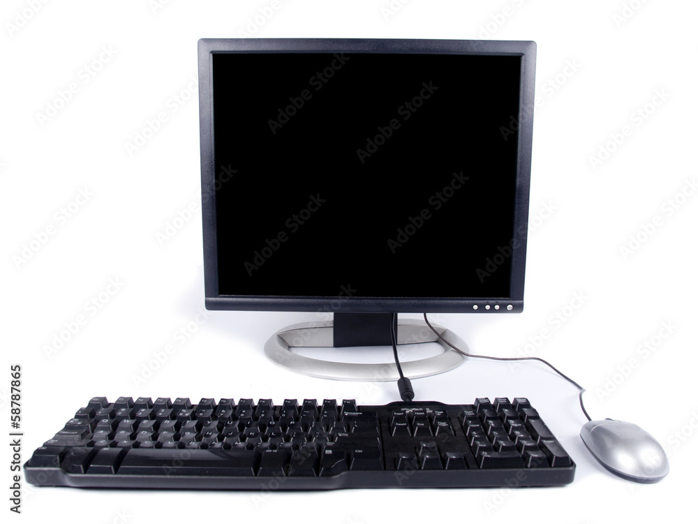 Personal computer monitor with keyboard and mouse over white Personal computer monitor with keyboard and mouse over white