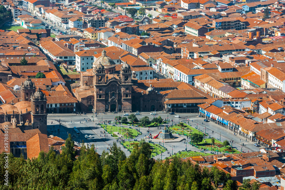 aerial view of Plaza de Armas Cuzco city peruvian Andes