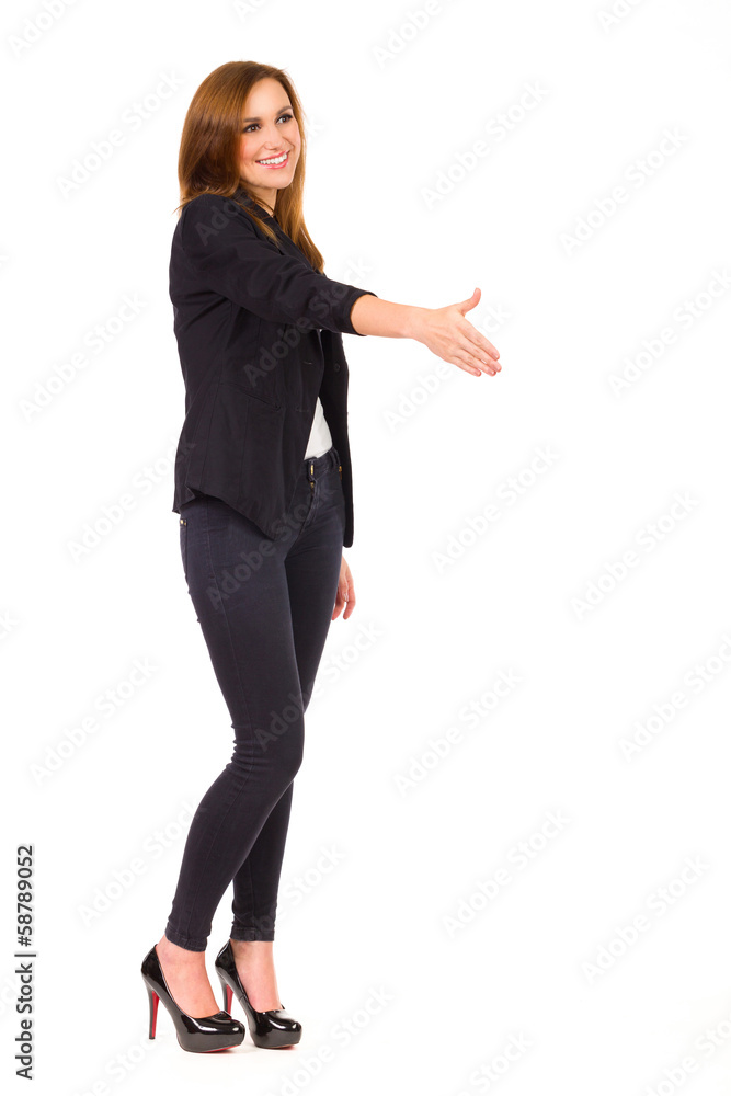 Business woman with hand out to shake. Business woman with hand out to shake.
