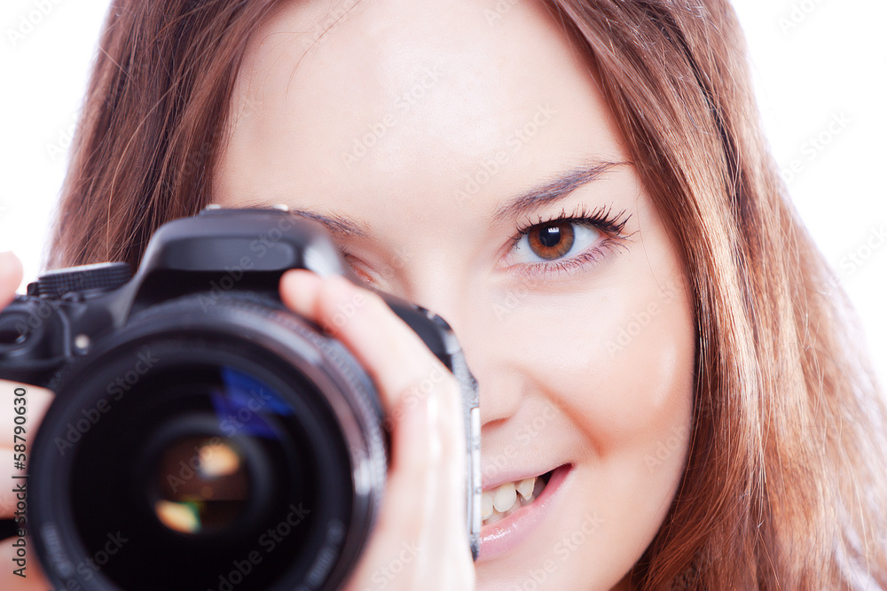 smiling woman with professional camera smiling woman with professional camera