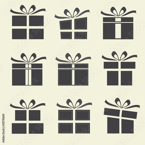 Gift boxes - 9 icons/ silhouettes of gift boxes.