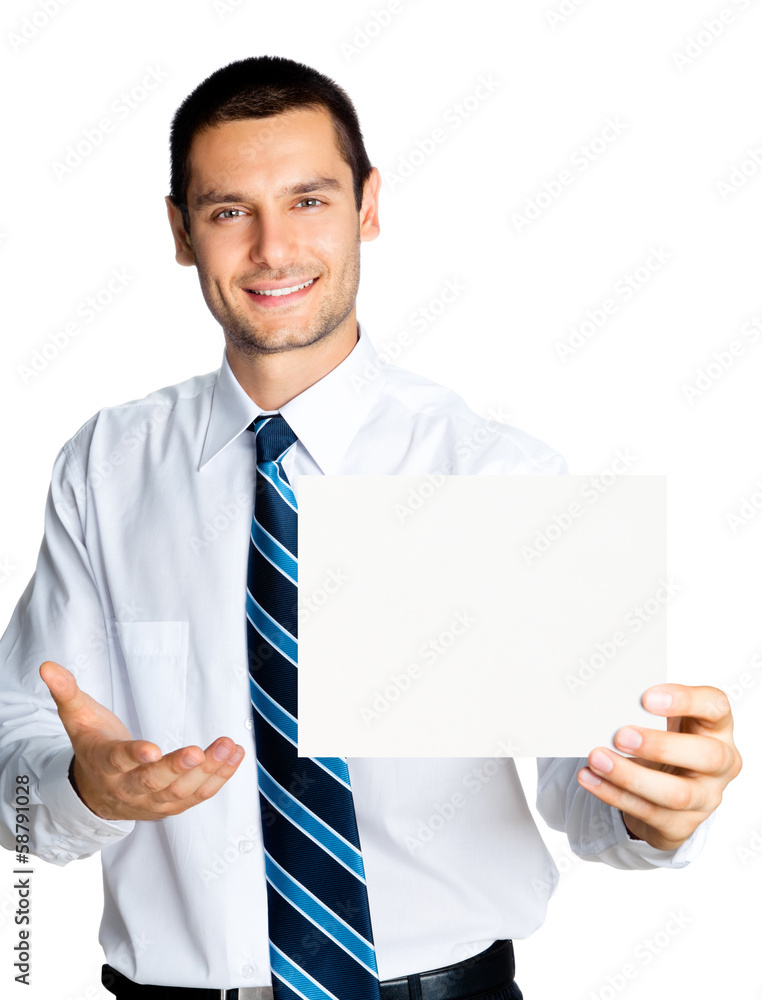 Happy businessman showing signboard, isolated Happy businessman showing signboard, isolated
