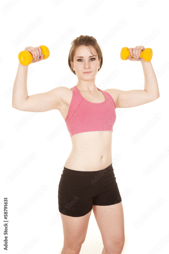woman fitness pink bra yellow weights flex woman fitness pink bra yellow weights flex