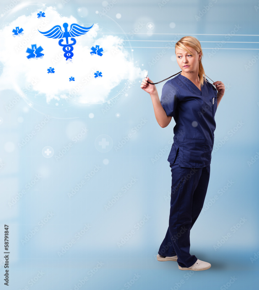 Young doctor with abstract cloud and medical icons Young doctor with abstract cloud and medical icons