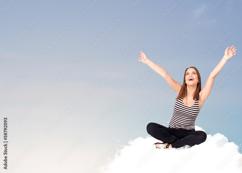 Young woman sitting on cloud with copy space Young woman sitting on cloud with copy space