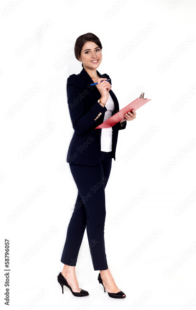 Happy successful business woman with red folder Happy successful business woman with red folder