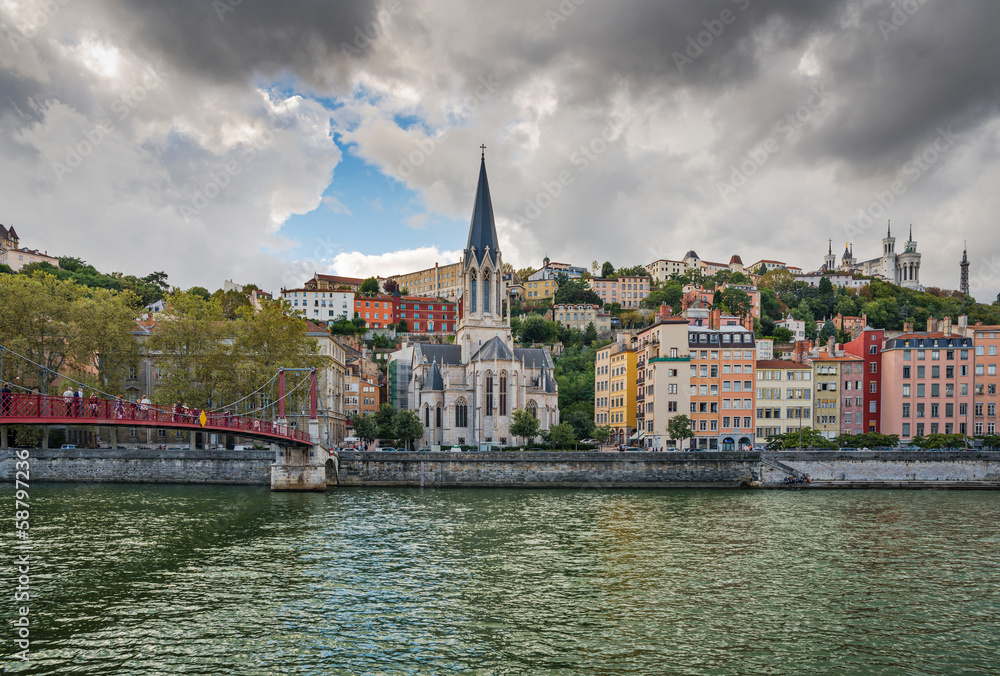 Fototapeta premium Lyon cityscape from Saone river with colorful houses and river