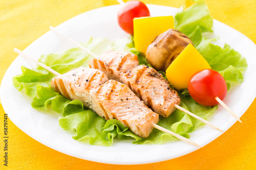 Grilled salmon and vegetable skewers Grilled salmon and vegetable skewers
