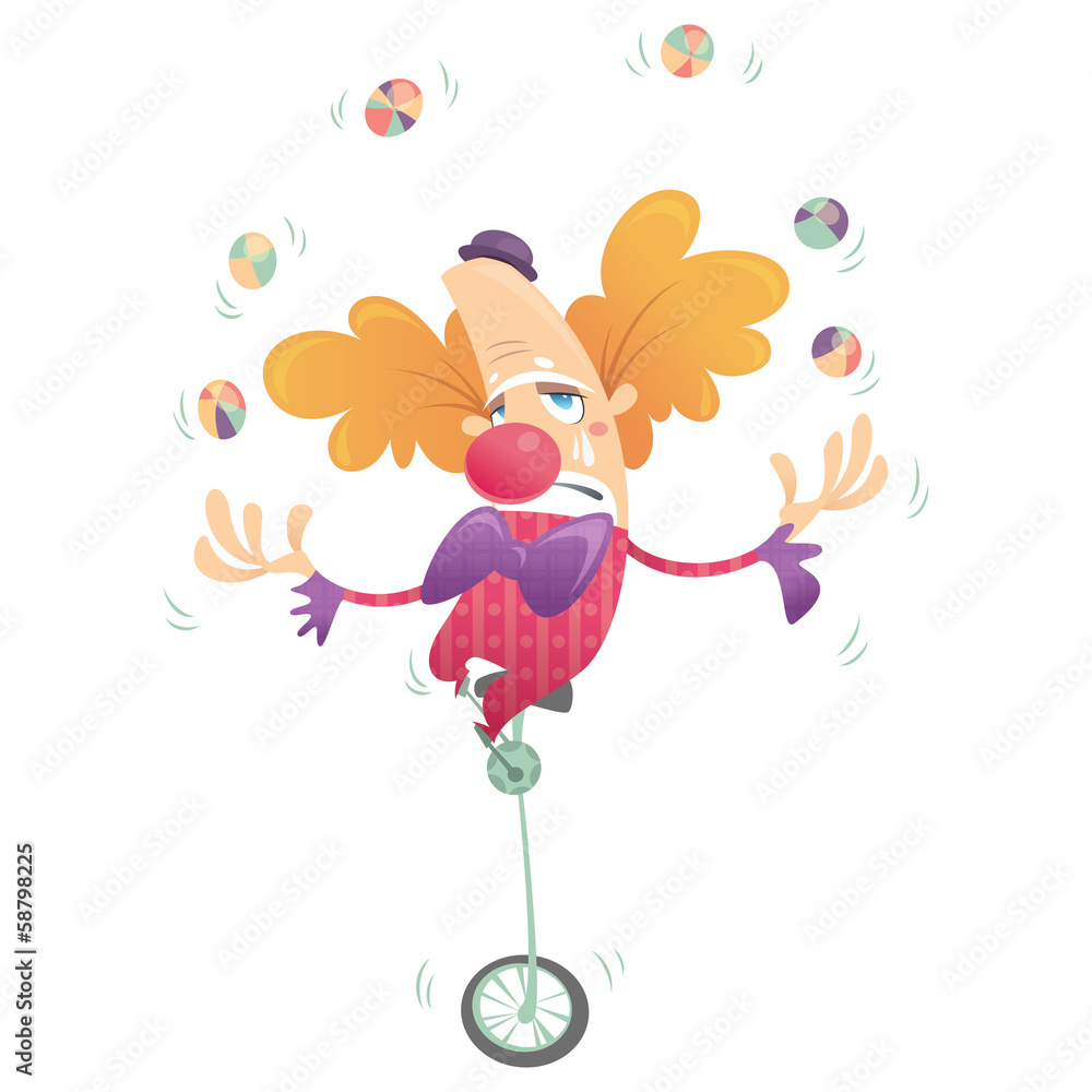 Cartoon sad clown juggling and crying in one wheel bike Cartoon sad clown juggling and crying in one wheel bike
