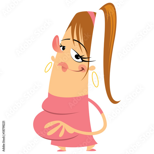 Cartoon happy pregnant woman in pink dress touching her belly