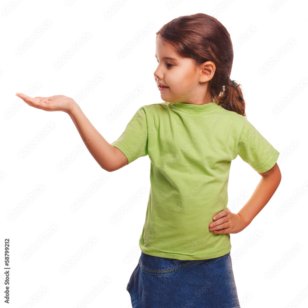 little girl holding open palm empty hand isolated on white backg little girl holding open palm empty hand isolated on white backg