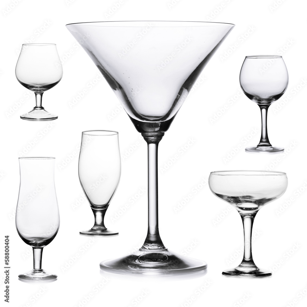 Collage of empty glasses isolated on white Collage of empty glasses isolated on white
