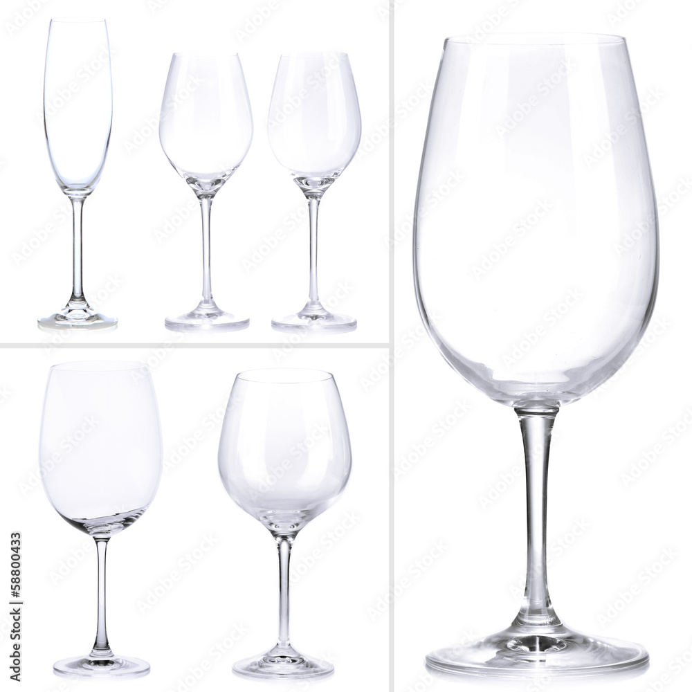 Collage of empty glasses isolated on white Collage of empty glasses isolated on white