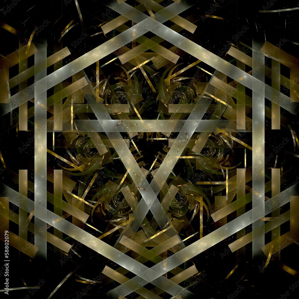 Fototapeta premium Abstract metal gold fractal hexagon in black background