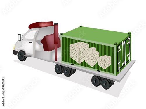 Flatbed Trailer Loading Wooden Crates in Cargo Container