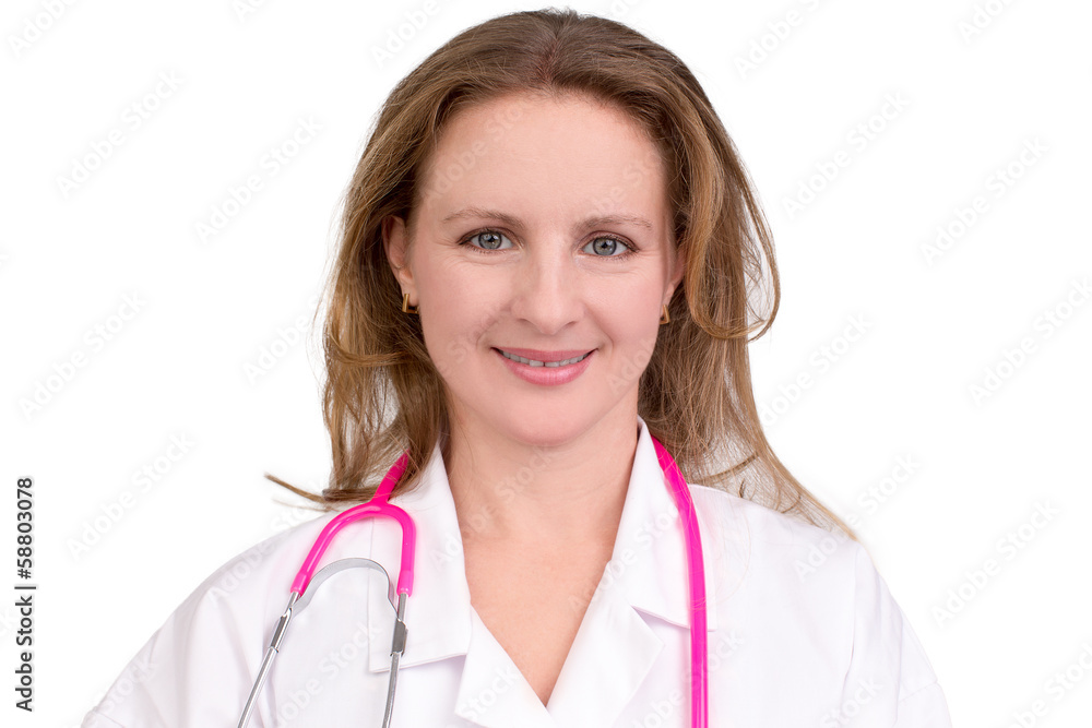 Friendly Female Doctor with Pink Stethoscope Friendly Female Doctor with Pink Stethoscope