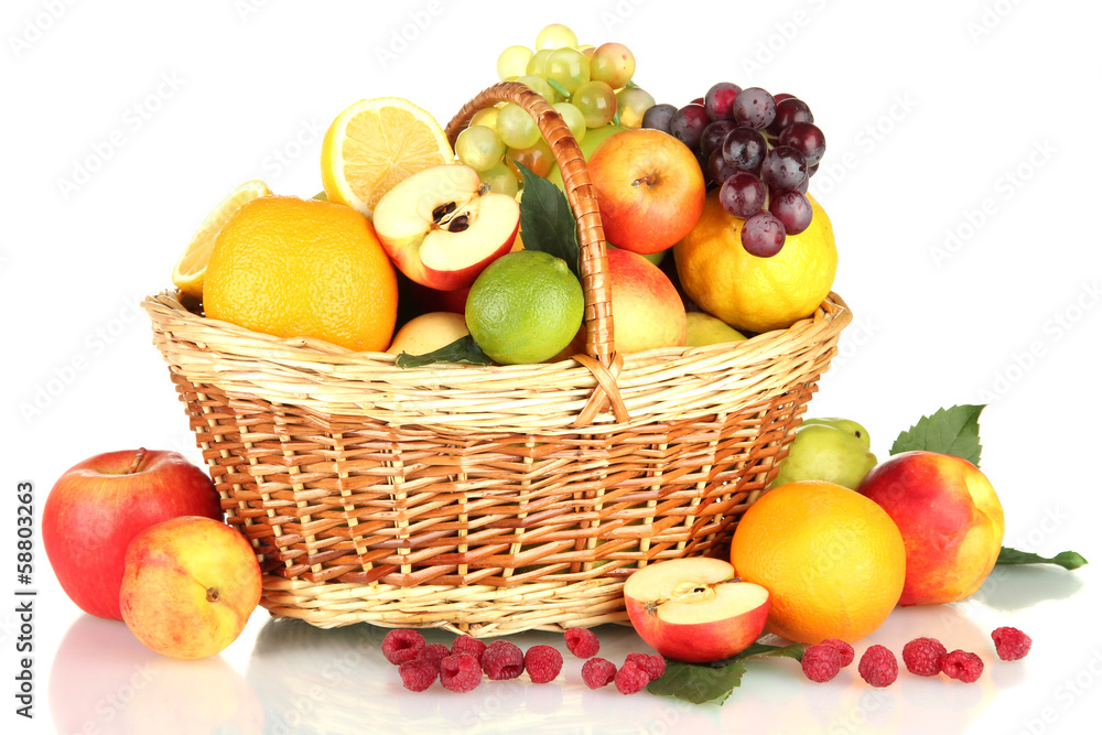 Assortment of exotic fruits in basket, isolated on white Assortment of exotic fruits in basket, isolated on white