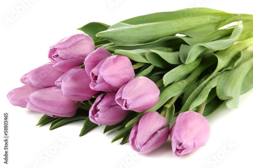 Fototapeta Naklejka Na Ścianę i Meble -  Beautiful bouquet of purple tulips, isolated on white