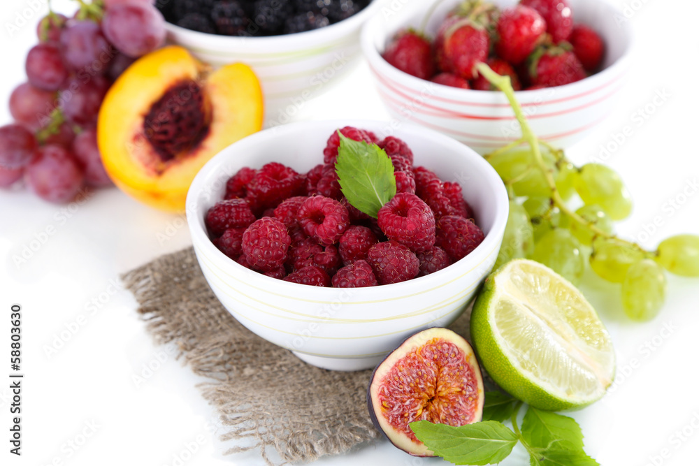 Raspberries and blackberry in small bowls Raspberries and blackberry in small bowls
