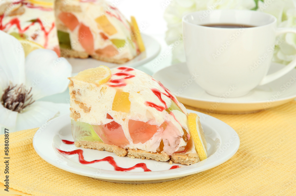 Delicious jelly cake on table close-up Delicious jelly cake on table close-up
