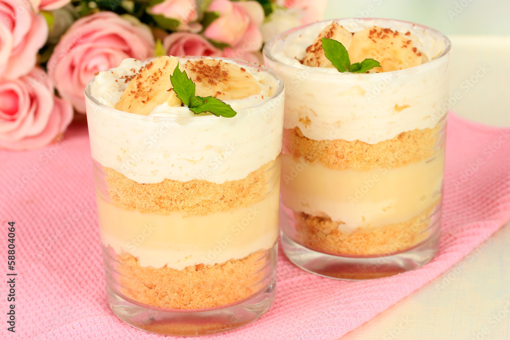 Delicious dessert with banana and caramel on table close-up Delicious dessert with banana and caramel on table close-up