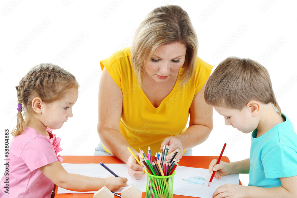 Little children drawing with mom isolated on white Little children drawing with mom isolated on white