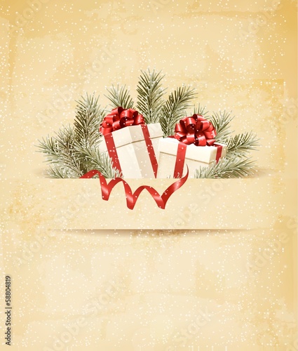 Holiday background with ribbon and red gift boxes. Vector.