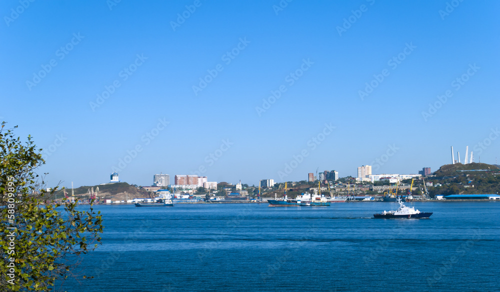 Seaport bright sunny day, Vladivostok, Russia