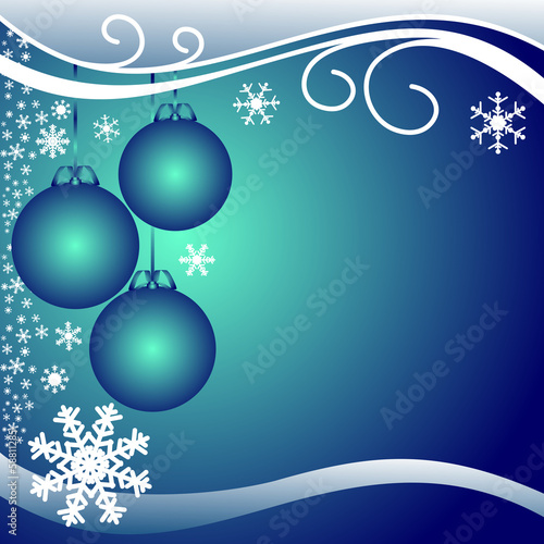 Dark blue xmas Background with Balls and white Snowflakes.