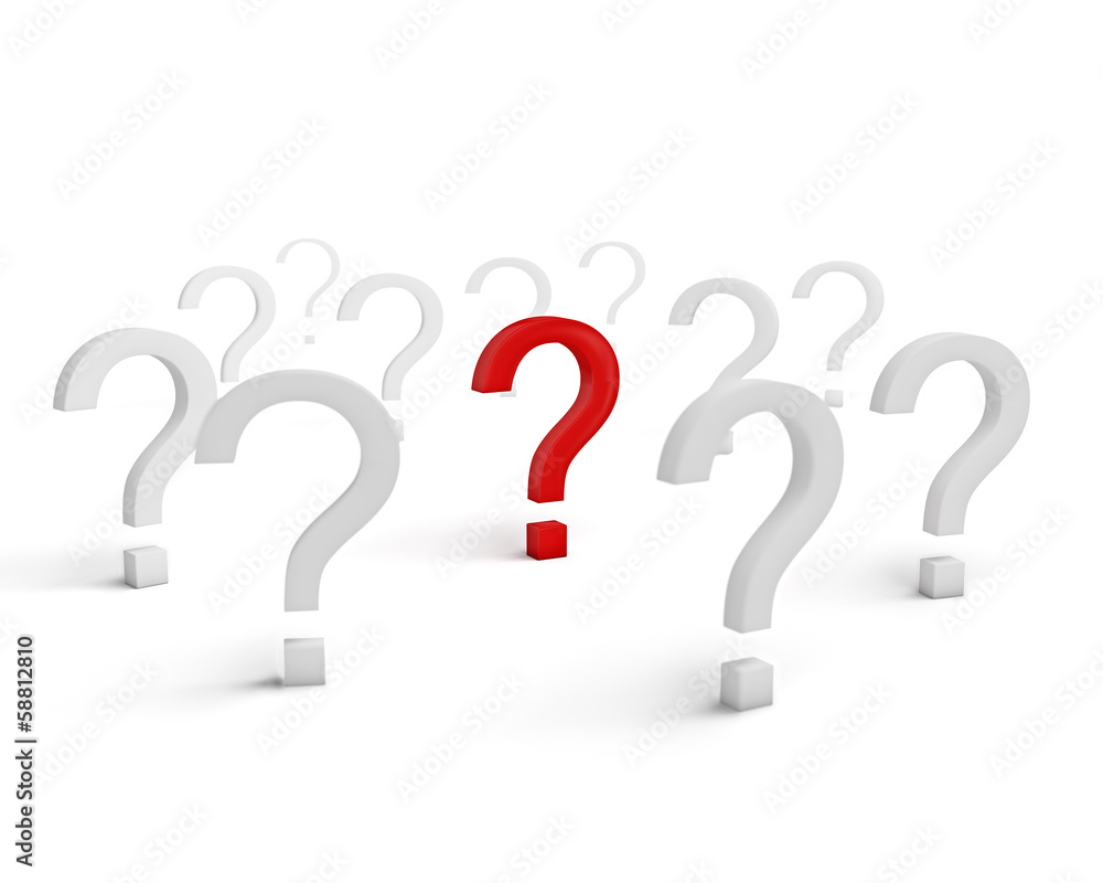 Red question symbol surrounded with white signs isolated Red question symbol surrounded with white signs isolated