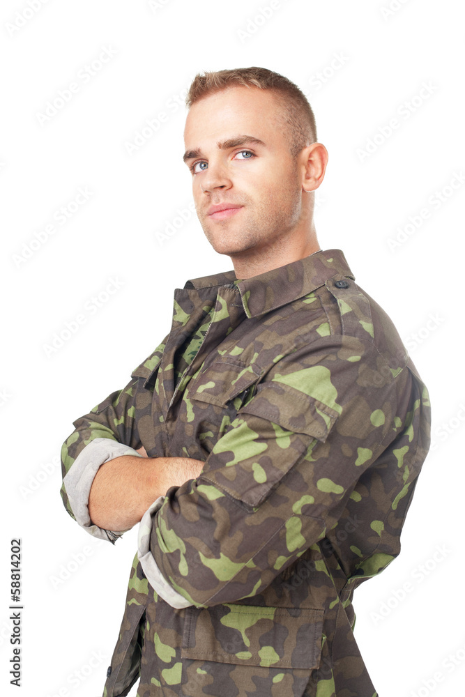 Portrait of pensive young army soldier