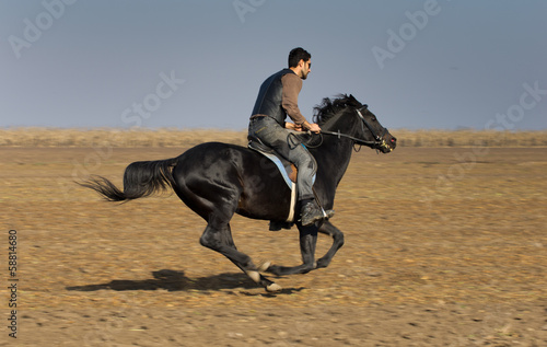 Man riding black horse on field