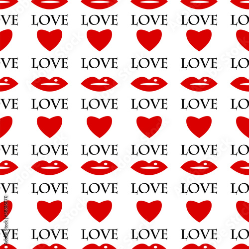 seamless pattern of red lips and hearts on a white background.ba