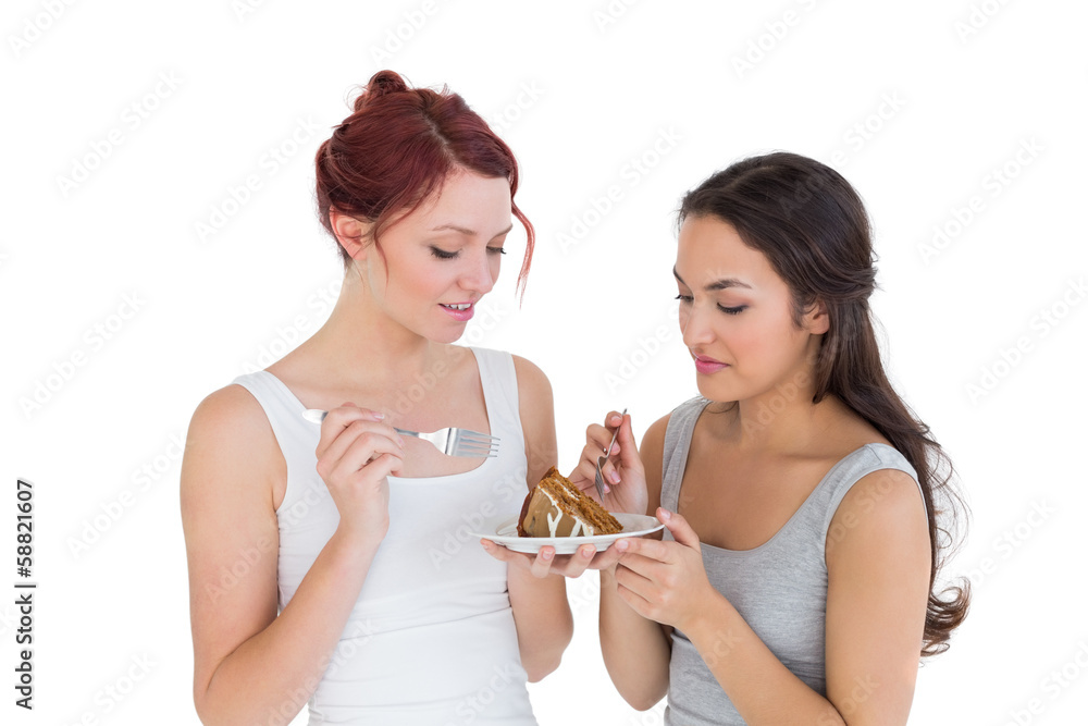 Beautiful young female friends pastry cake together