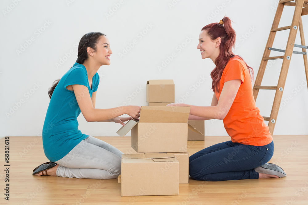 Side view of two happy friends moving together in a new house Side view of two happy friends moving together in a new house