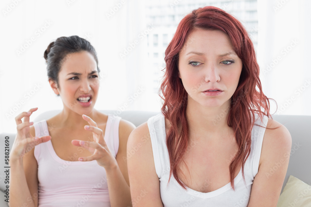 Angry female friends having an argument in the living room Angry female friends having an argument in the living room