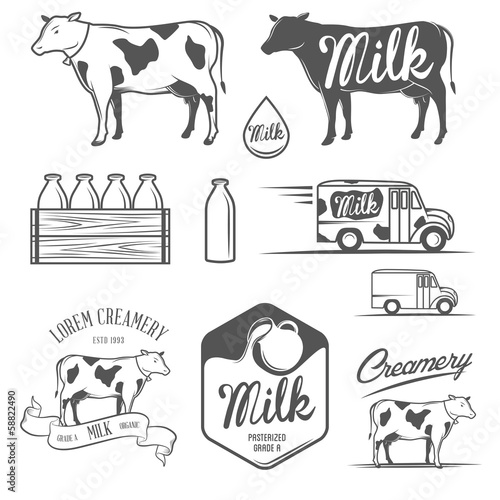 Set of milk and creamery labels, emblems and design elements