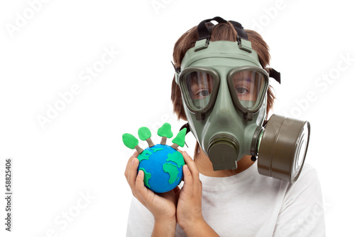 Forests importance - ecology concept with child wearing gas mask © Ilike