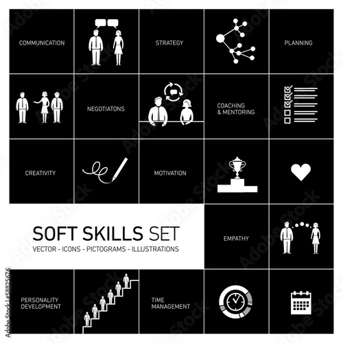 Soft skills vector icons set black on white background photo