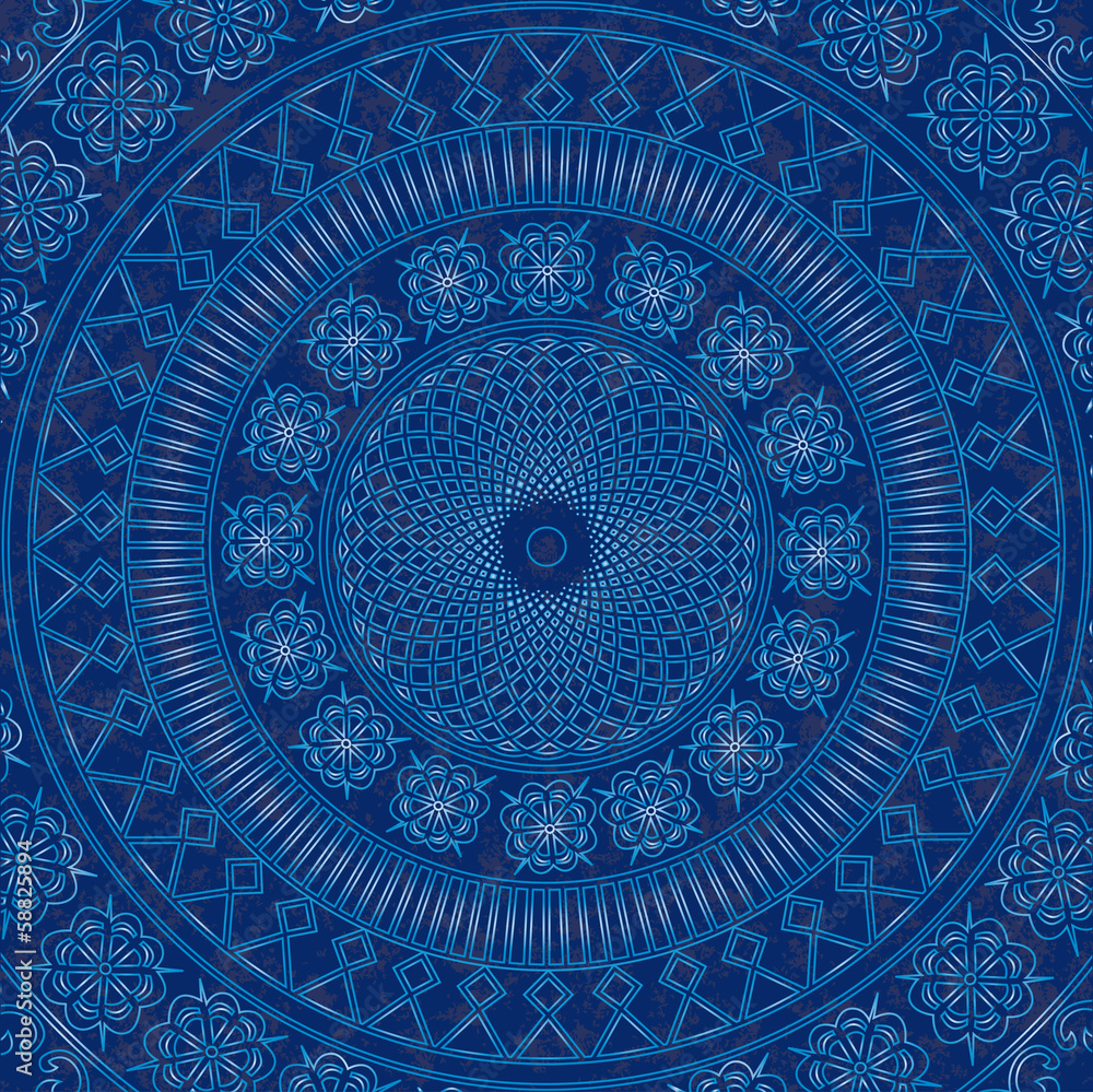Vector decor lace on blue background. Old circle lace